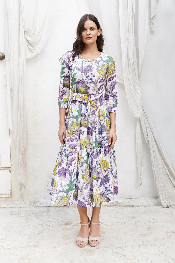 samantha sung Melanie Dress Crew Neck 3/4 Sleeve Midi Plus Length Cotton Stretch (Darts Hill Garden)
