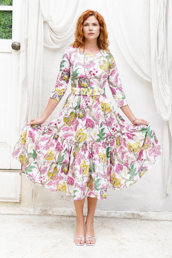 samantha sung Melanie Dress Crew Neck 3/4 Sleeve Midi Plus Length Cotton Lawn (Darts Hill Garden)