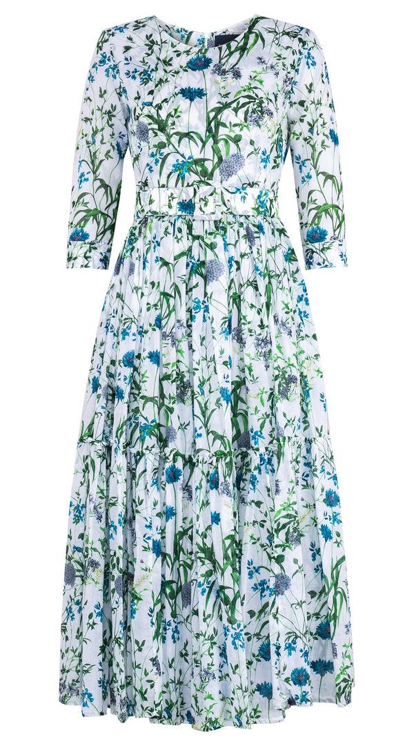 samantha sung Melanie Dress Crew Neck 3/4 Sleeve Midi Plus Length Cotton Musola (Hempstead Flower)
