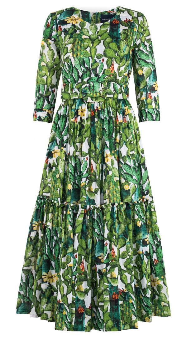 samantha sung Melanie Dress Crew Neck 3/4 Sleeve Midi Plus Length Musola (Cactus Paradise) 5