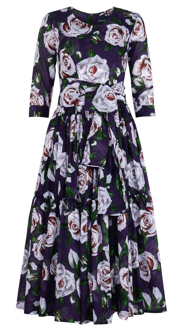 Samantha Sung Melanie Dress Crew Neck 3/4 Sleeve Midi Plus Length Cotton Musola (White Rose Bright)