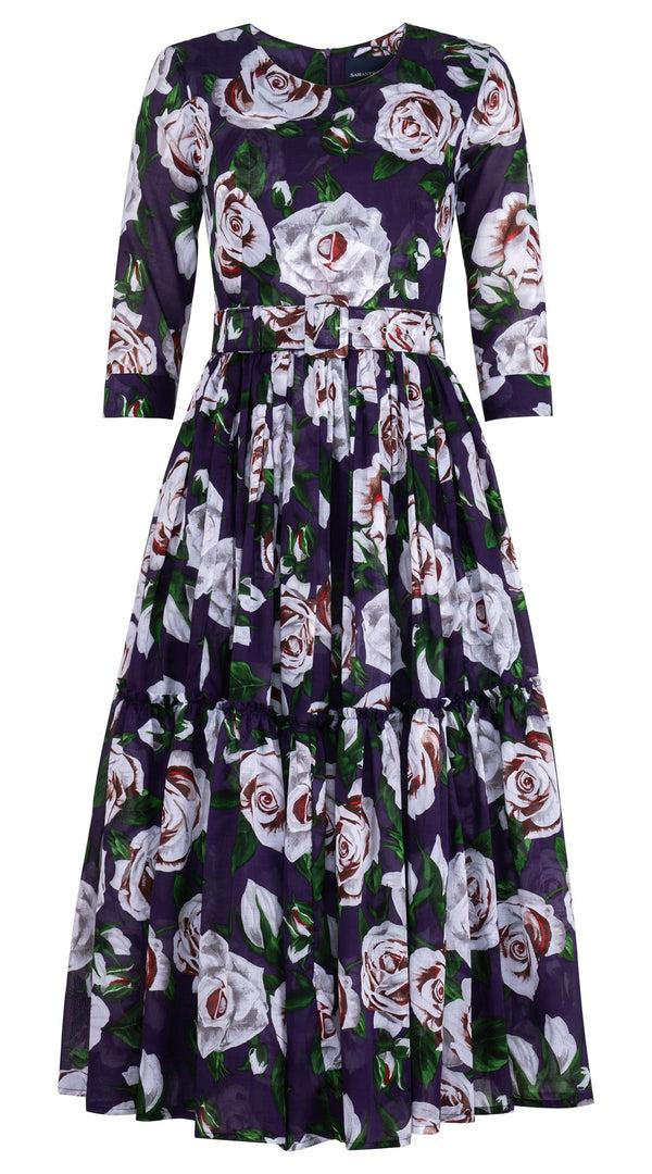 samantha sung Melanie Dress Crew Neck 3/4 Sleeve Midi Plus Length Cotton Musola (White Rose Bright)