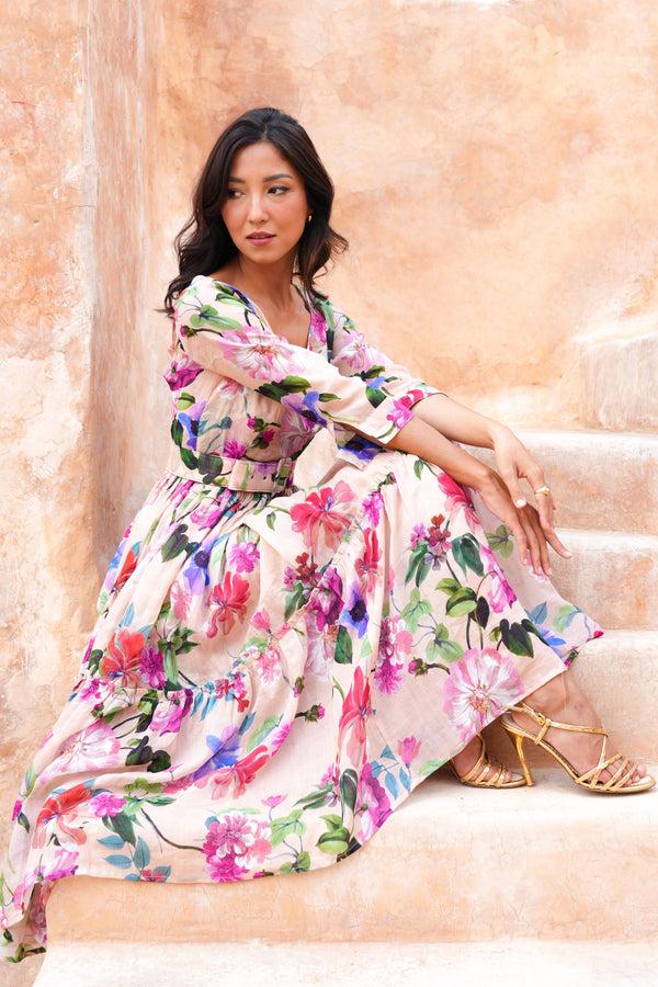 Samantha Sung Melanie Dress Crew Neck 3/4 Sleeve Midi Plus Length Cotton Musola (Fiori Florance)