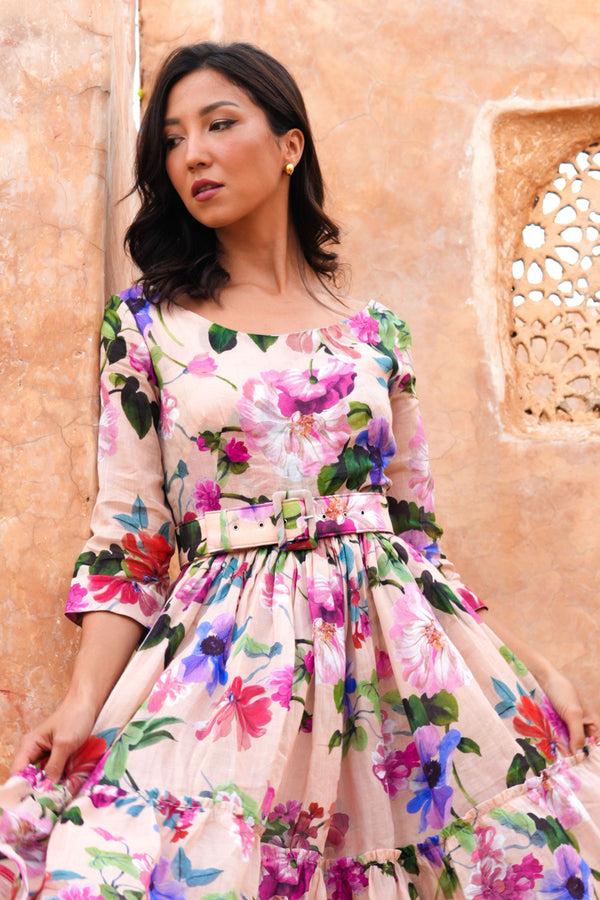 Samantha Sung Melanie Dress Crew Neck 3/4 Sleeve Midi Plus Length Cotton Musola (Fiori Florance)