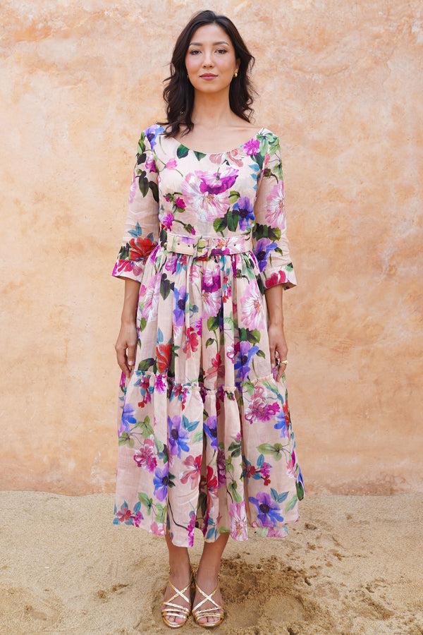 samantha sung Melanie Dress Crew Neck 3/4 Sleeve Midi Plus Length Cotton Musola (Fiori Florance)