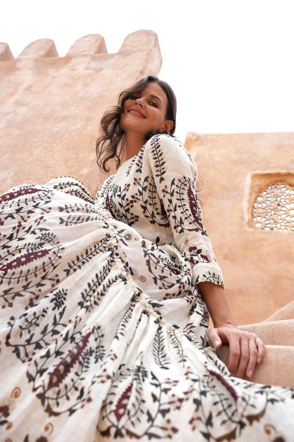 Samantha Sung Melanie Dress Crew Neck 3/4 Sleeve Midi Plus Length Linen (Suzani Ferns)