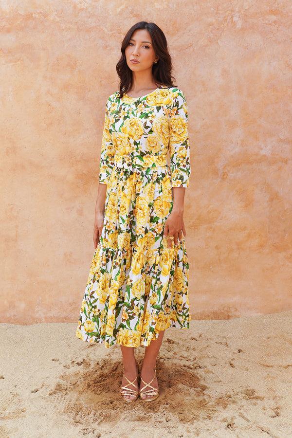 samantha sung Melanie Dress Crew Neck 3/4 Sleeve Midi Plus Length Cotton Lawn (Pink Peony)