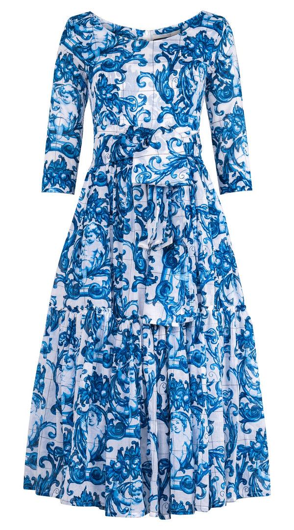 Samantha Sung Melanie Dress Round Neck 3/4 Sleeve Midi Plus Length Cotton Musola (Cherub Tile)