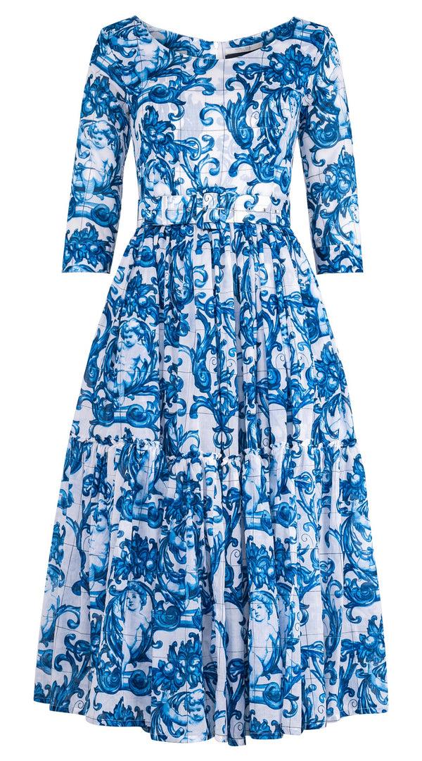 samantha sung Melanie Dress Round Neck 3/4 Sleeve Midi Plus Length Cotton Musola (Cherub Tile)