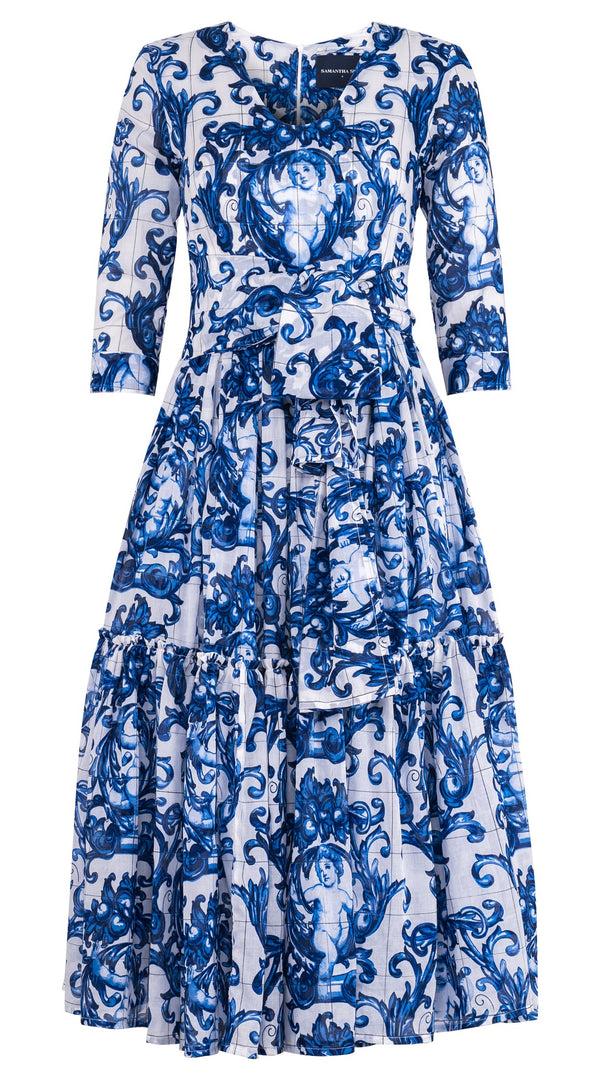 Samantha Sung Melanie Dress V Neck 3/4 Sleeve Midi Plus Length Cotton Musola (Cherub Tile)