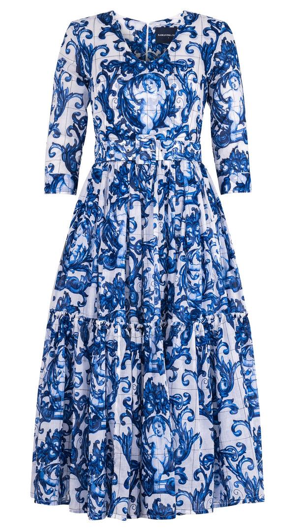 samantha sung Melanie Dress V Neck 3/4 Sleeve Midi Plus Length Cotton Musola (Cherub Tile)