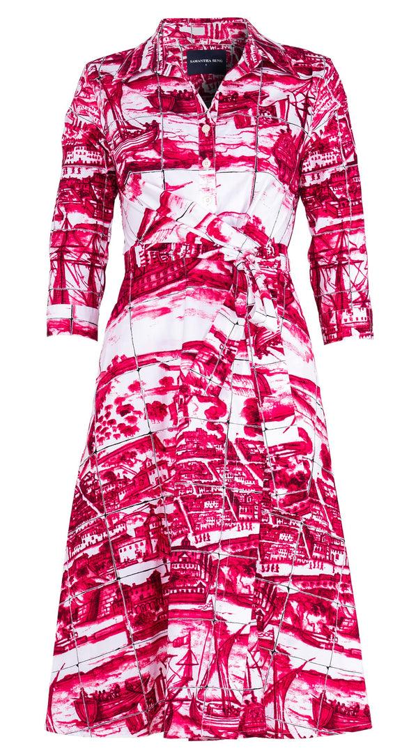 samantha sung Olivia Dress Shirt Collar 3/4 Sleeve Long Length Cotton Stretch (Azulejo All Over)