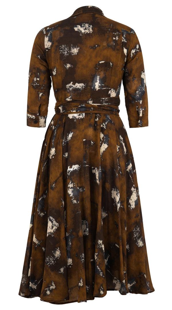 Samantha Sung Olivia Dress Shirt Collar 3/4 Sleeve Midi Length Wool (Jupitar Check) - Ochra