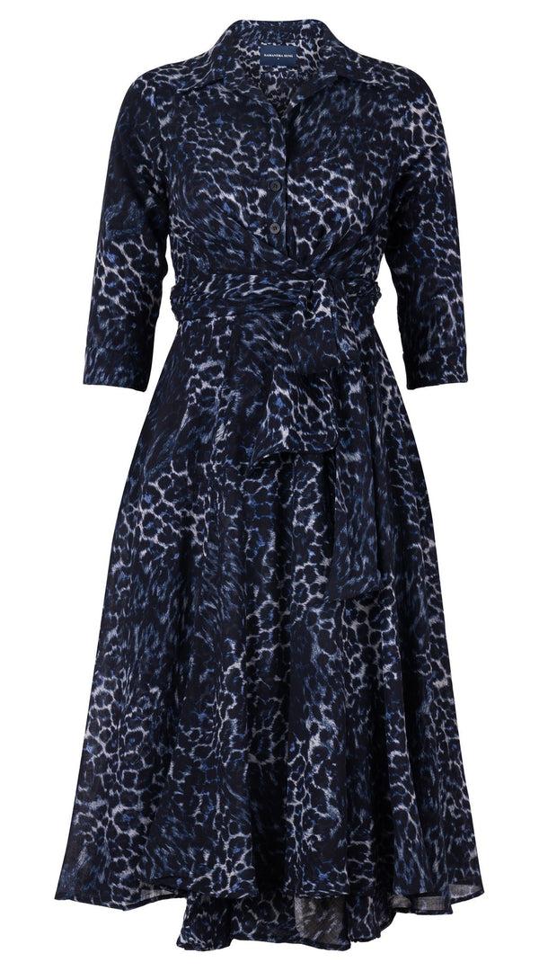 samantha sung Olivia Dress Shirt Collar 3/4 Sleeve Midi Length Wool (Viper Leopard Big) - Midnight Blue