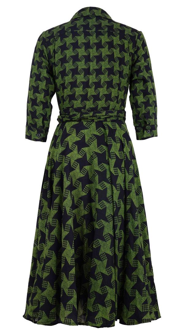 Samantha Sung Olivia Dress Shirt Collar 3/4 Sleeve Midi Length Wool (Dogstooth Weaves Multi) - Sepia Green