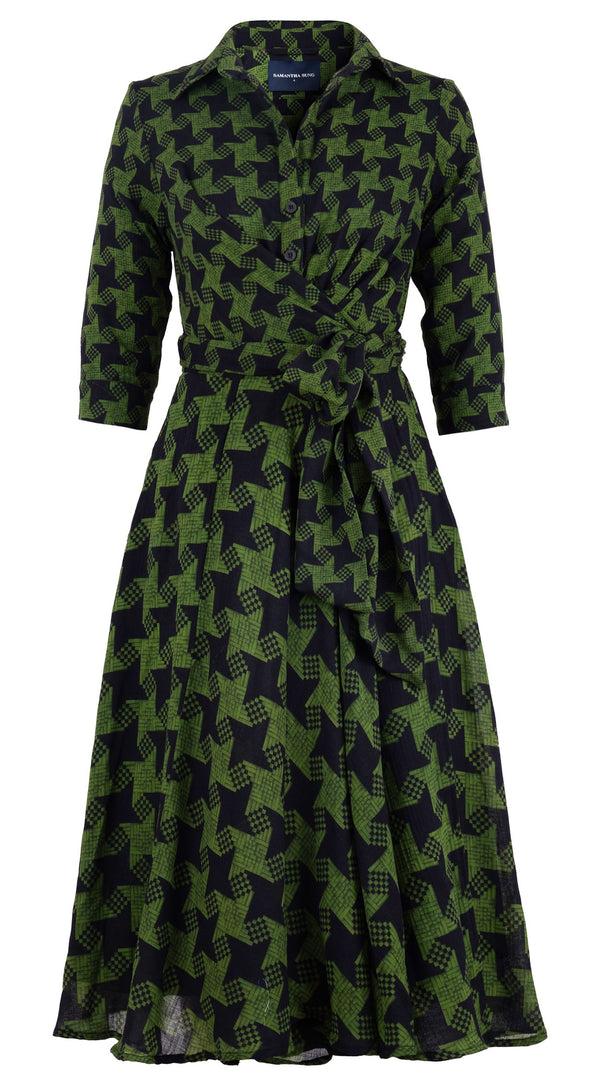 samantha sung Olivia Dress Shirt Collar 3/4 Sleeve Midi Length Wool (Dogstooth Weaves Multi) - Sepia Green