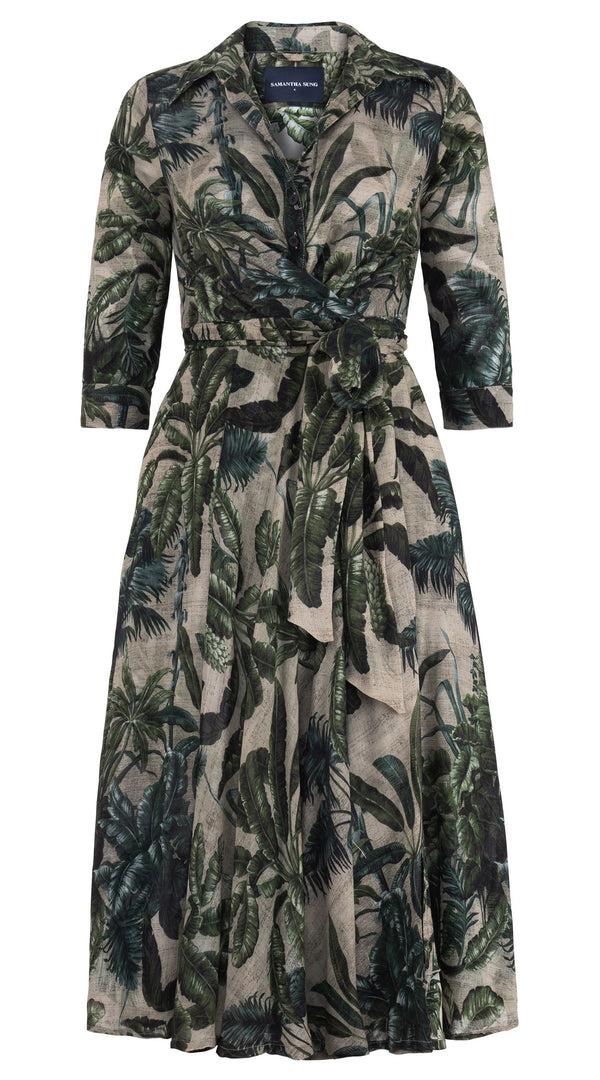 samantha sung Olivia Dress Shirt Collar 3/4 Sleeve Midi Length Wool (Vintage Palm Beige) - Beige Green