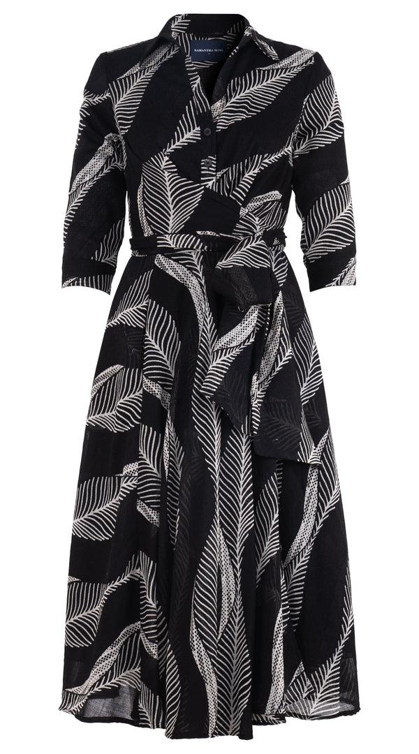 samantha sung Olivia Dress Shirt Collar 3/4 Sleeve Midi Length Wool (Ukara Leaves Ivory)