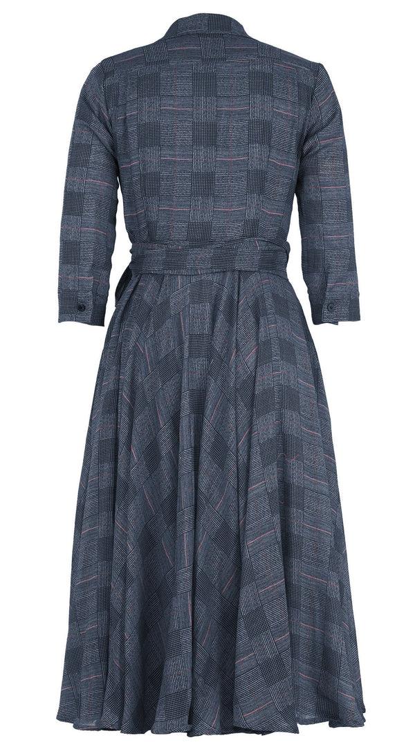 Samantha Sung Olivia Dress Shirt Collar 3/4 Sleeve Midi Length Wool (Savile Row Check Ivory) - Ivory Black
