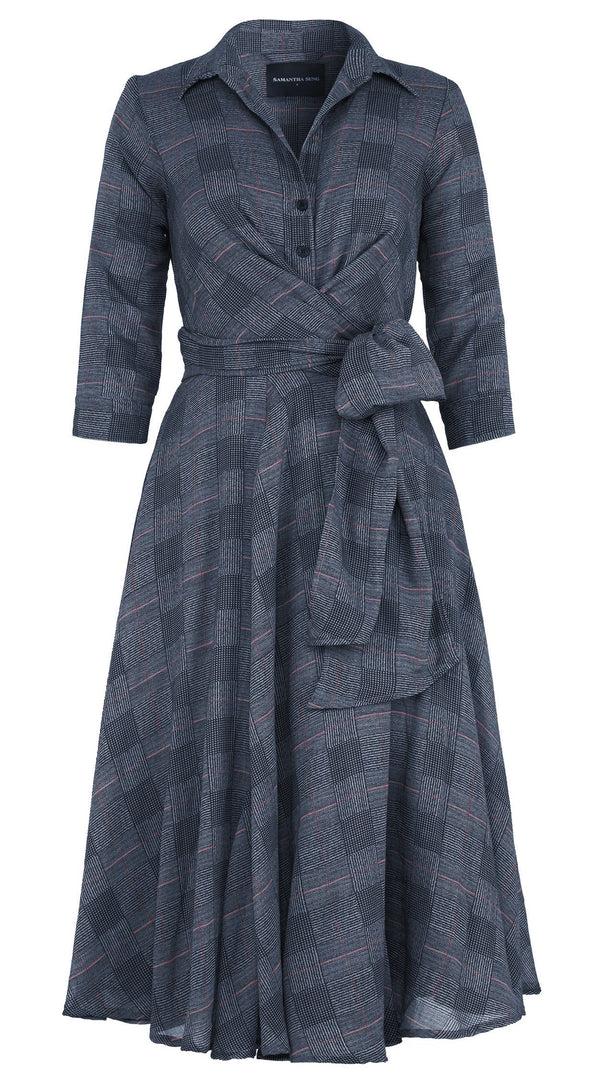 Samantha Sung Olivia Dress Shirt Collar 3/4 Sleeve Midi Length Wool (Savile Row Check Ivory) - Ivory Black