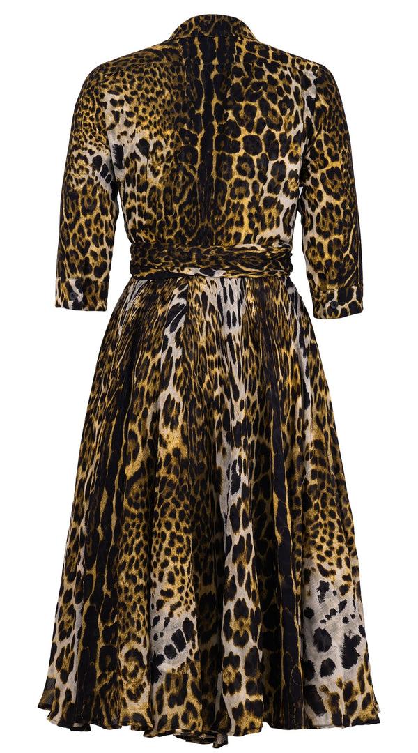 Samantha Sung Olivia Dress Shirt Collar 3/4 Sleeve Midi Length Wool (Colombo Leopard) - Yellow