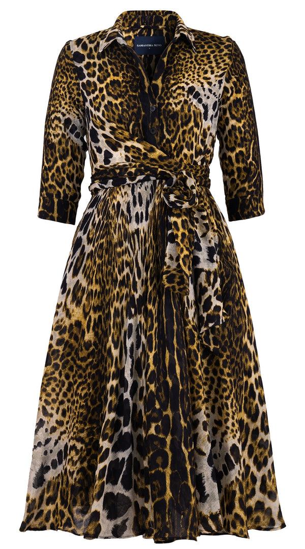 samantha sung Olivia Dress Shirt Collar 3/4 Sleeve Midi Length Wool (Colombo Leopard) - Yellow samantha sung Olivia Dress Shirt Collar 3/4 Sleeve Midi Length Wool (Colombo Leopard) - Yellow