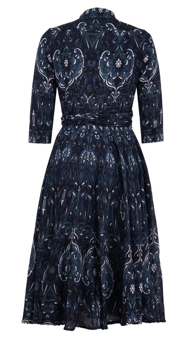 Samantha Sung Olivia Dress Shirt Collar 3/4 Sleeve Midi Length Wool (Mill Creek Paisley Dark) - Black