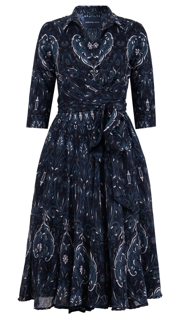 samantha sung Olivia Dress Shirt Collar 3/4 Sleeve Midi Length Wool (Mill Creek Paisley Dark) - Black samantha sung Olivia Dress Shirt Collar 3/4 Sleeve Midi Length Wool (Mill Creek Paisley Dark) - Black