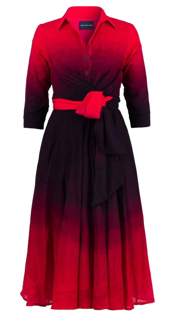 samantha sung Olivia Dress Shirt Collar 3/4 Sleeve Midi Length Wool (Ombre Multi) - Pink