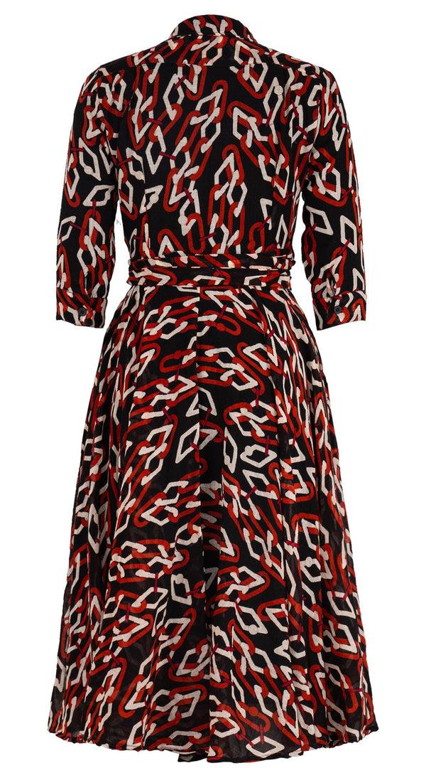 Samantha Sung Olivia Dress Shirt Collar 3/4 Sleeve Midi Length Wool (Multi Chain Dark) - Sepia Orange