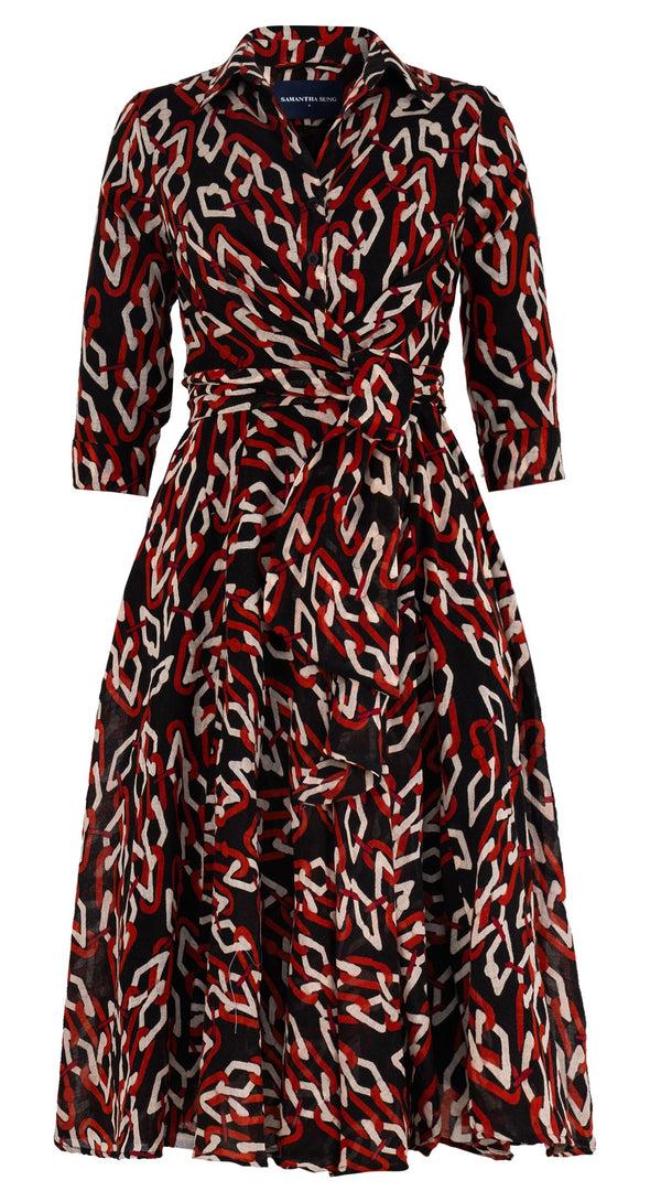 samantha sung Olivia Dress Shirt Collar 3/4 Sleeve Midi Length Wool (Multi Chain Dark) - Sepia Orange