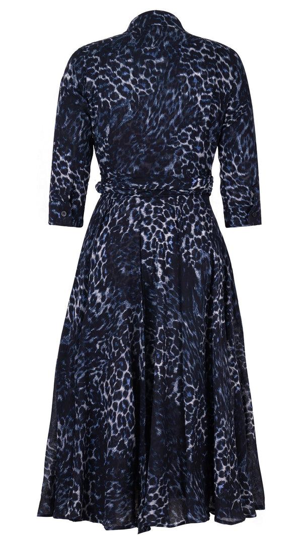 Samantha Sung Olivia Dress Shirt Collar 3/4 Sleeve Midi Length Wool (Viper Leopard Big) - Midnight Blue