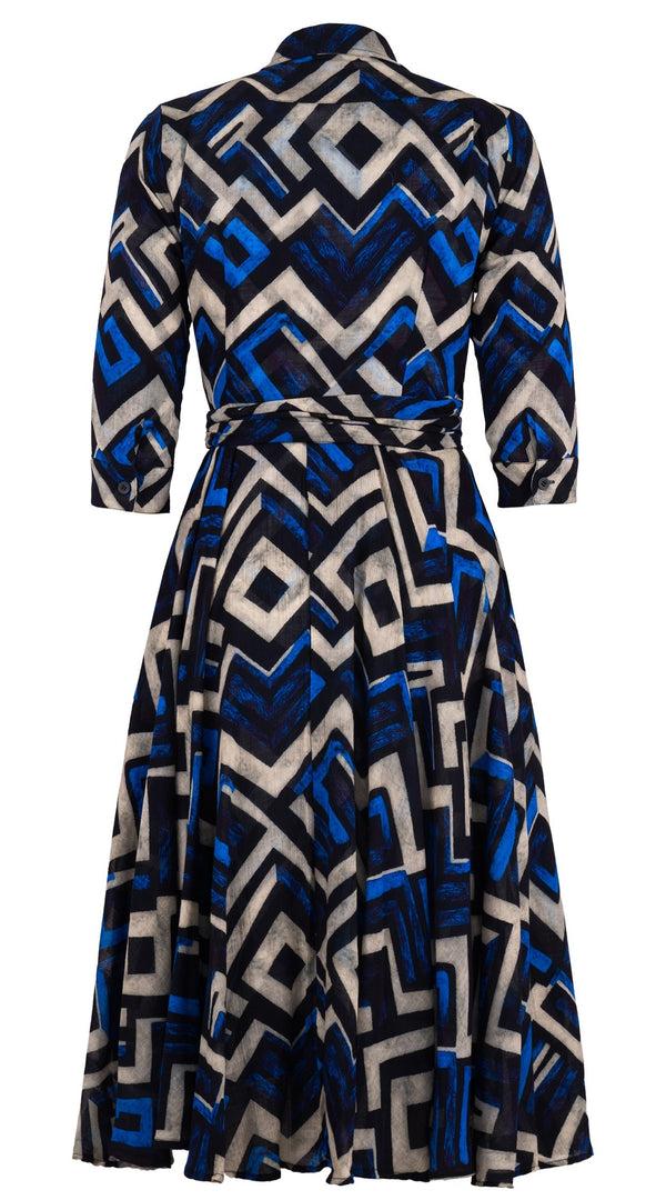 Samantha Sung Olivia Dress Shirt Collar 3/4 Sleeve Midi Length Wool (Kente Zigzag) - Blue