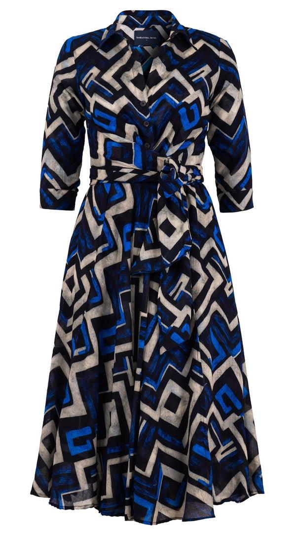 samantha sung Olivia Dress Shirt Collar 3/4 Sleeve Midi Length Wool (Kente Zigzag) - Blue