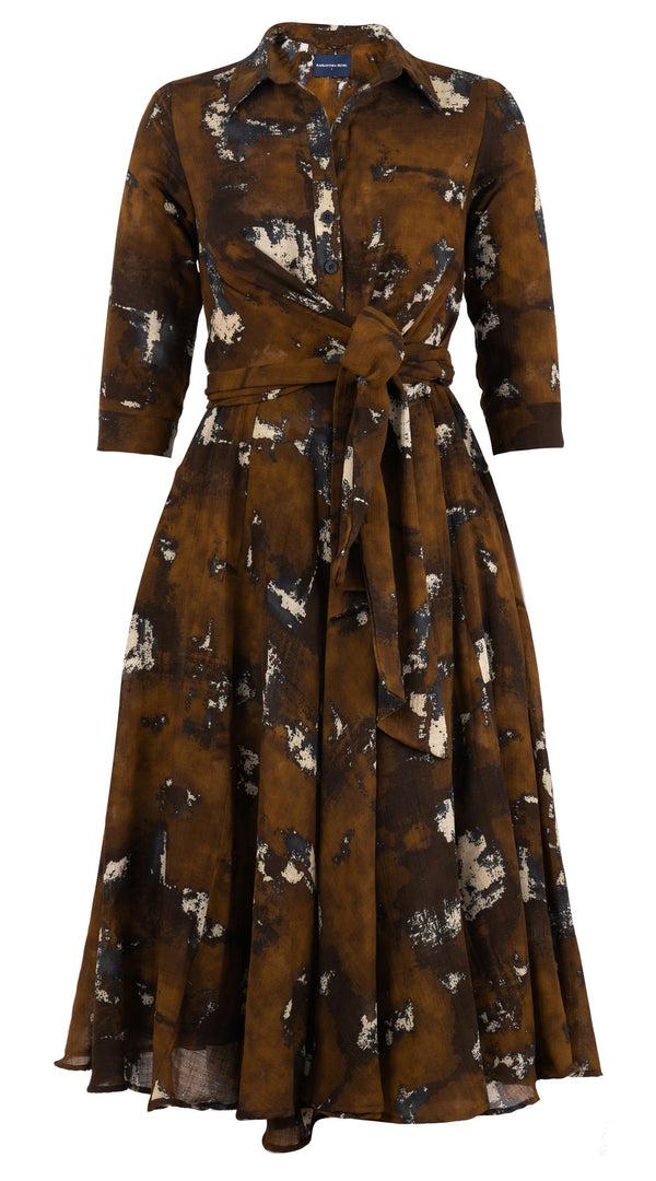 samantha sung Olivia Dress Shirt Collar 3/4 Sleeve Midi Length Wool (Jupitar Check) - Ochra