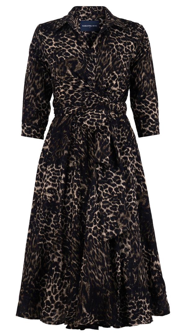 samantha sung Olivia Dress Shirt Collar 3/4 Sleeve Midi Length Wool (Viper Leopard Big) - Taupe Green