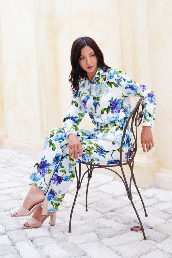Samantha Sung Pajama Shirt & Pajama Pants Silk Twill (Fiori Florance)