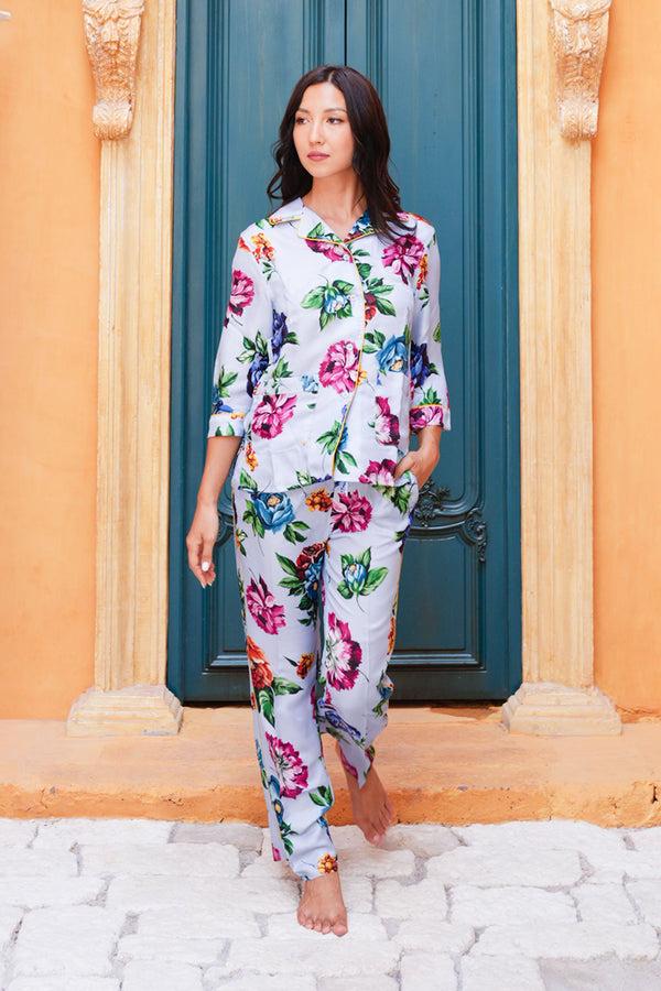 samantha sung Pajama Shirt & Pajama Pants Silk Twill (Pasitano Flower)
