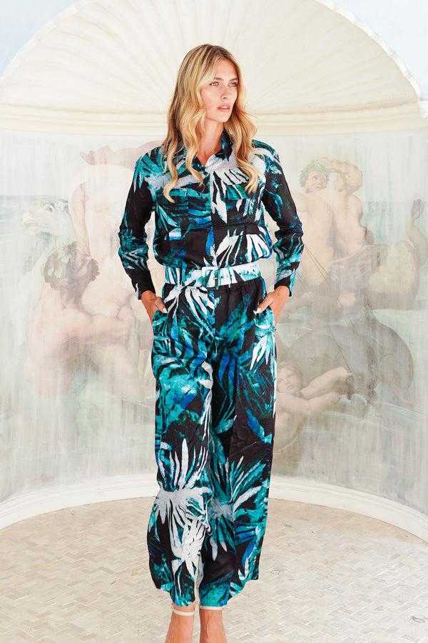 Samantha Sung Pajama Shirt & Pajama Pants Silk Twill (Watercolor Palm)