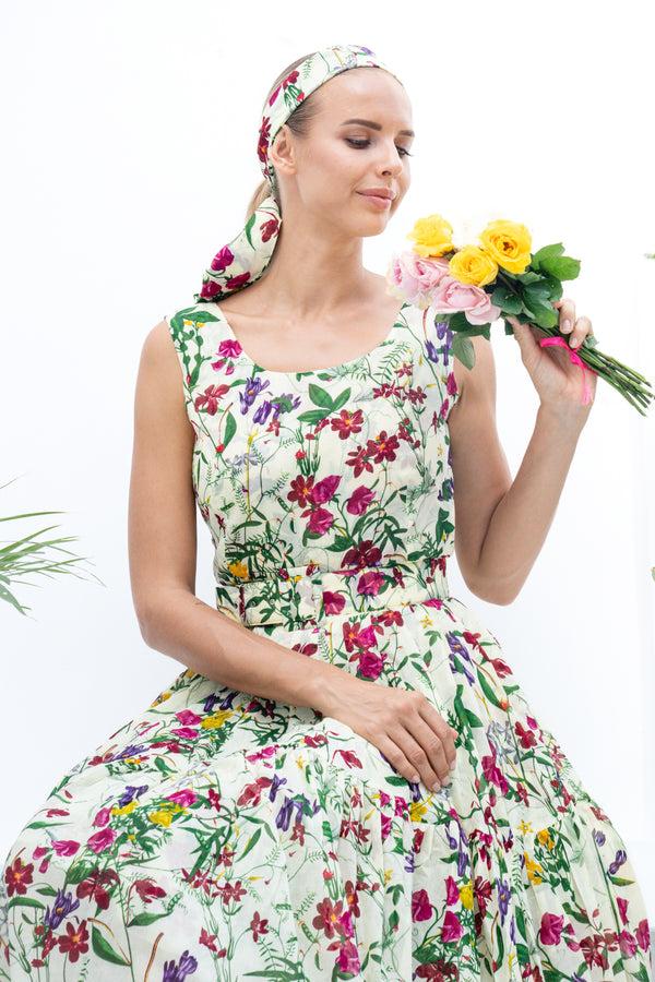 Samantha Sung Rose Dress Boat Neck Sleeveless Long Length Cotton Musola (Fairy Tail Flower)