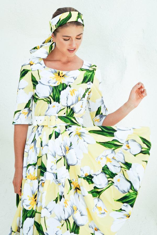 Samantha Sung Rose Dress Crew Neck 1/2 Sleeve Long Length Cotton Stretch (Emperor Tulip Pastel)