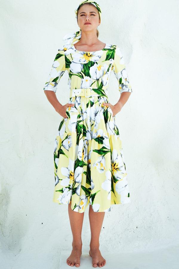 samantha sung Rose Dress Crew Neck 1/2 Sleeve Long Length Cotton Stretch (Emperor Tulip Pastel)