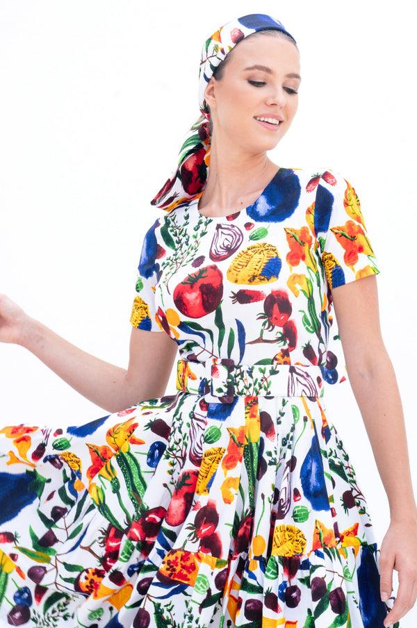 Samantha Sung Rose Dress Crew Neck Short Sleeve Cotton Stretch (Watercolor Fruits)