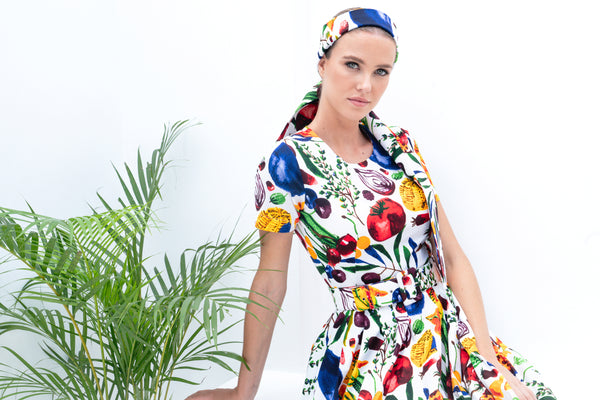 Samantha Sung Rose Dress Crew Neck Short Sleeve Cotton Stretch (Watercolor Fruits)