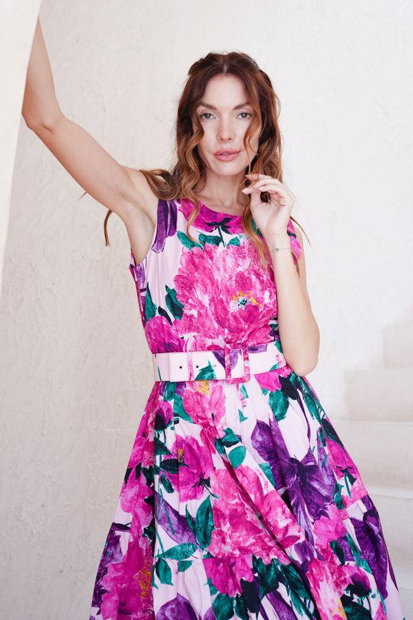 Samantha Sung Rose Dress Crew Neck Sleeveless Long Length Cotton Stretch (Darby Rose Pastel)