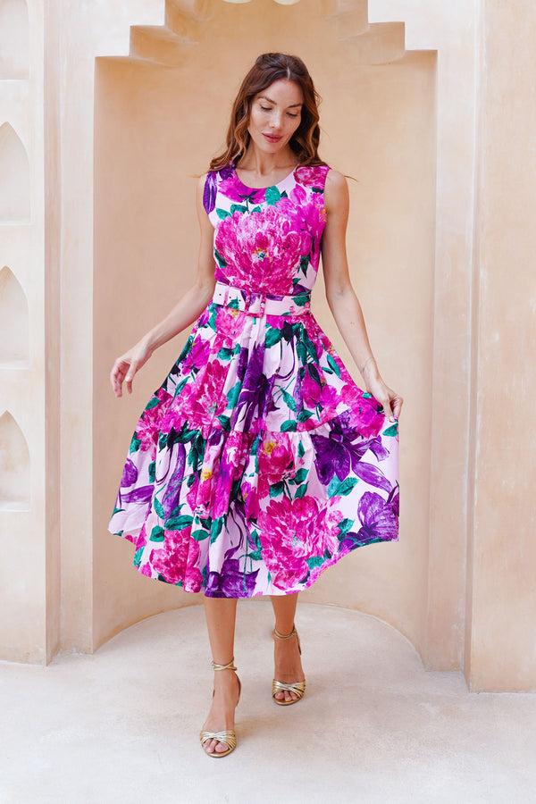 Samantha Sung Rose Dress Crew Neck Sleeveless Long Length Cotton Stretch (Darby Rose Pastel)