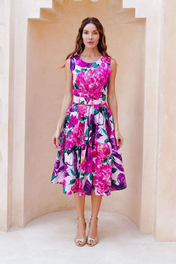 samantha sung Rose Dress Crew Neck Sleeveless Long Length Cotton Stretch (Darby Rose Pastel)