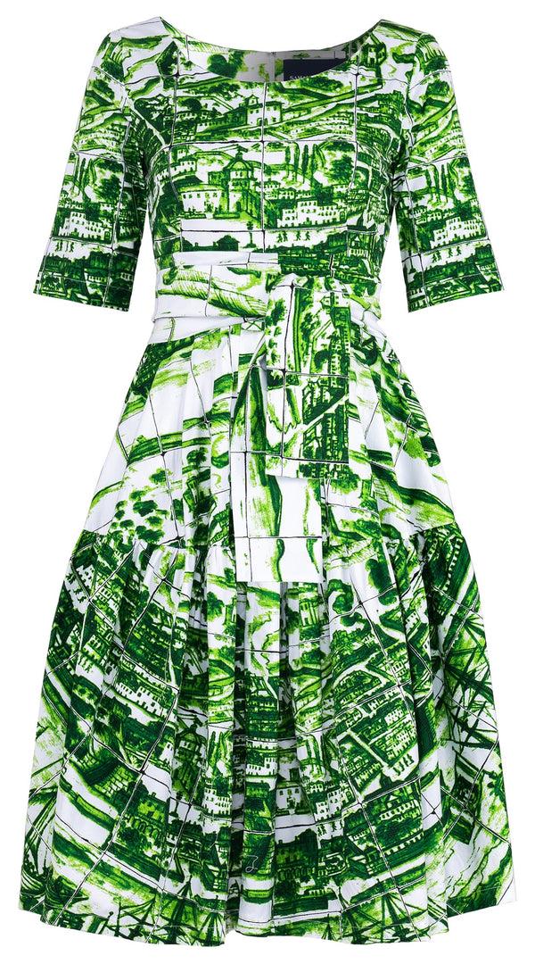 Samantha Sung Rose Dress Round Neck 1/2 Sleeve Long Length Cotton Stretch (Azulejo All Over)