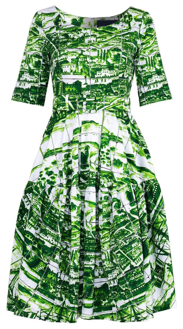 samantha sung Rose Dress Round Neck 1/2 Sleeve Long Length Cotton Stretch (Azulejo All Over)