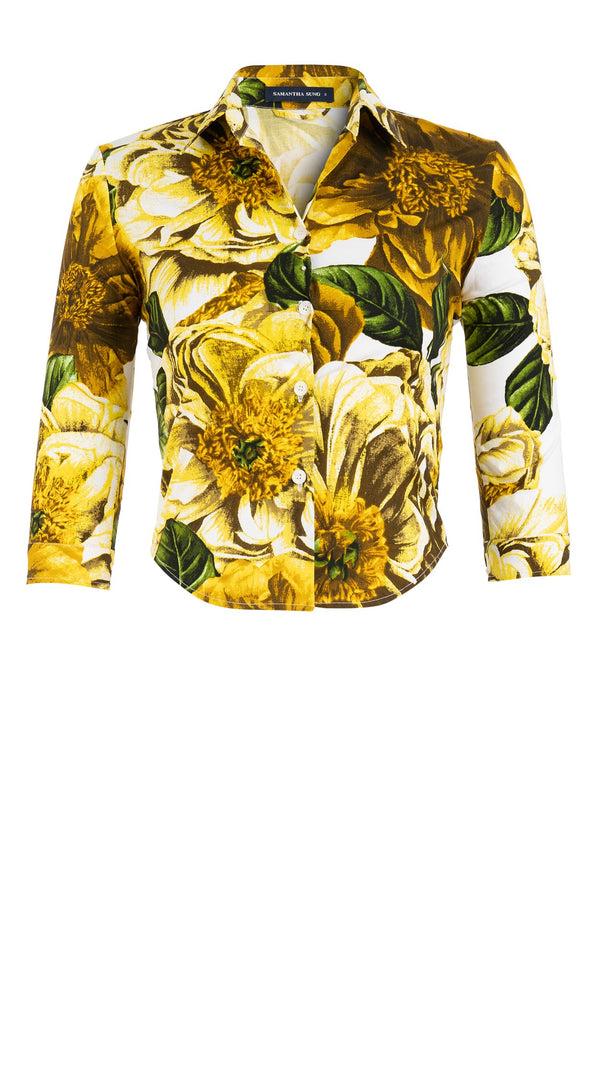 Samantha Sung Sabrina Shirt Shirt Collar 3/4 Sleeve Cotton Stretch (Giant Poppy White)